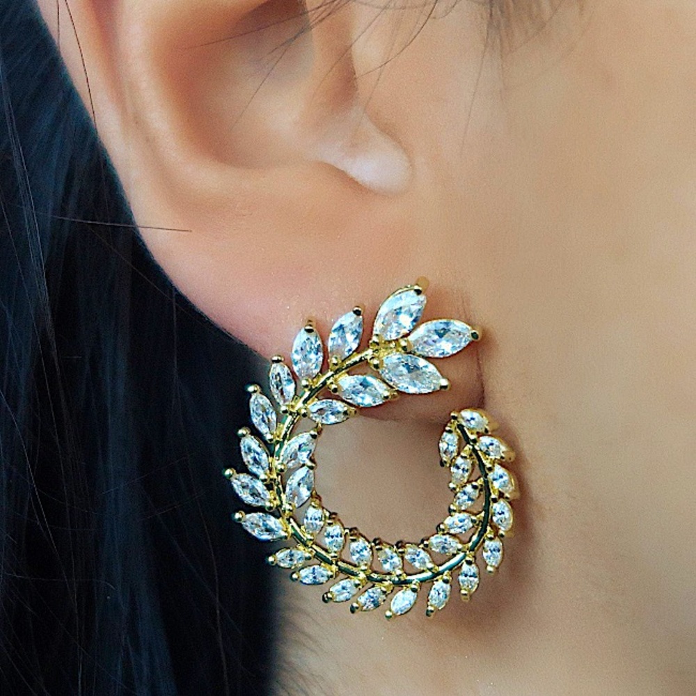 Gold Cubic Zirconia Wreath Leaf Earrings Wedding Bridal Gift - Picture 1 of 3